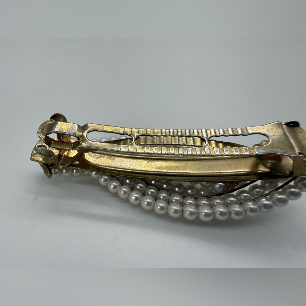 Vintage Classy Faux Pearl Large French Barrette Gold Tone Bridal Hair Clip Gift - Picture 5 of 8